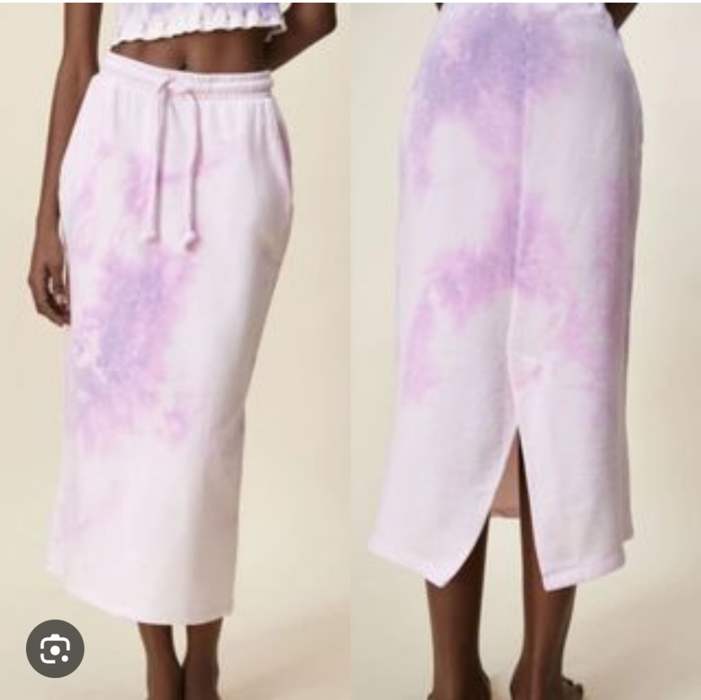 Zara Midi Tie Dye Skirt Pockets Back Slit Purple Lilac White Cotton Drawstring S